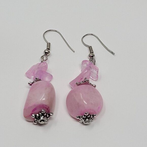 Natural Gem 2pc Set Pink Quartz Drop Earrings Pierced Bracelet Love Healing Gift - Picture 9 of 16
